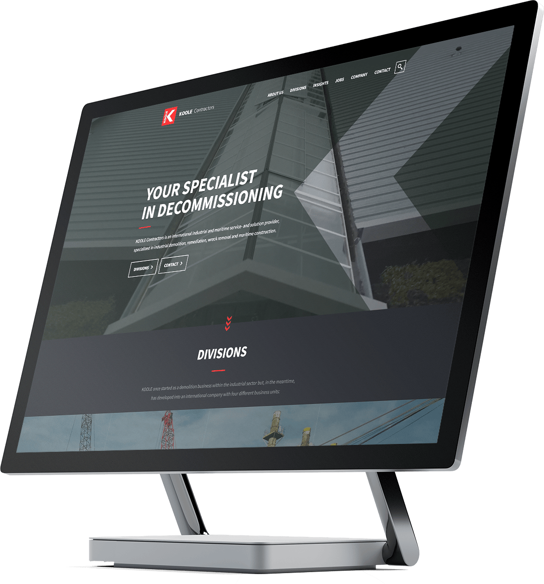 Mockup van de KOOLE Contractors homepage op desktop