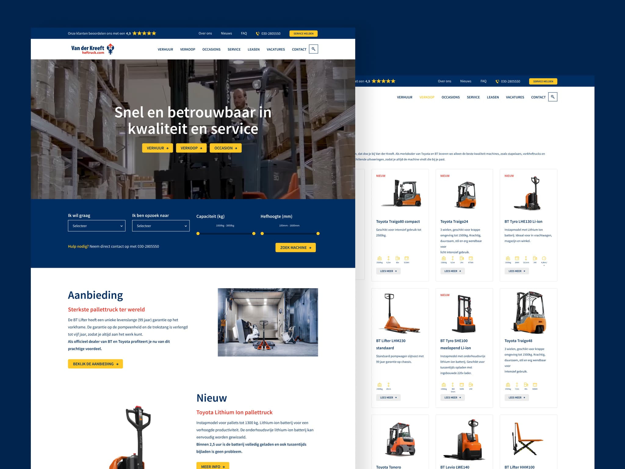Twee schermweergaven van de Heftruck.com website met productpagina's