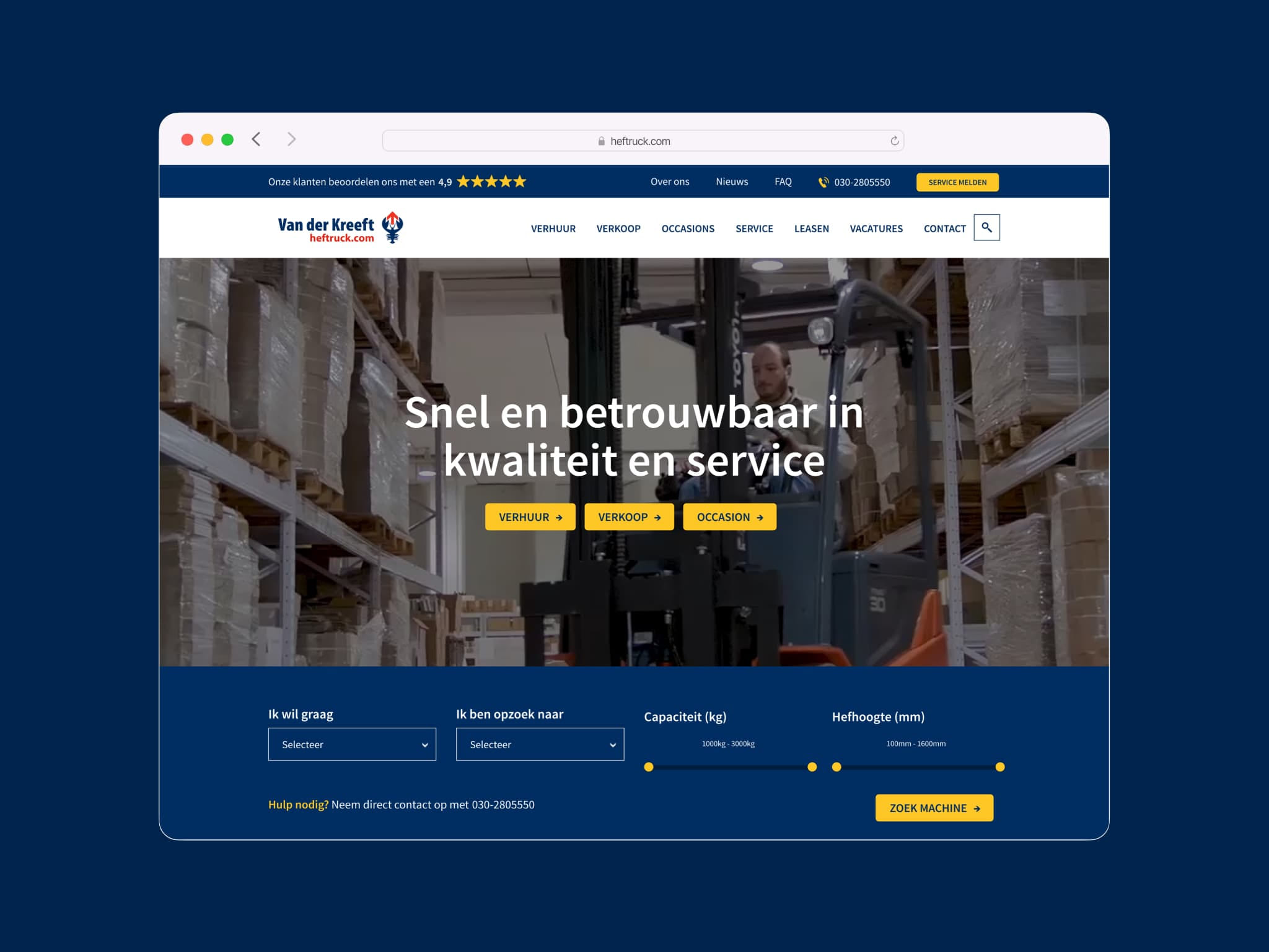 Volledig scherm weergave van de Heftruck.com homepage