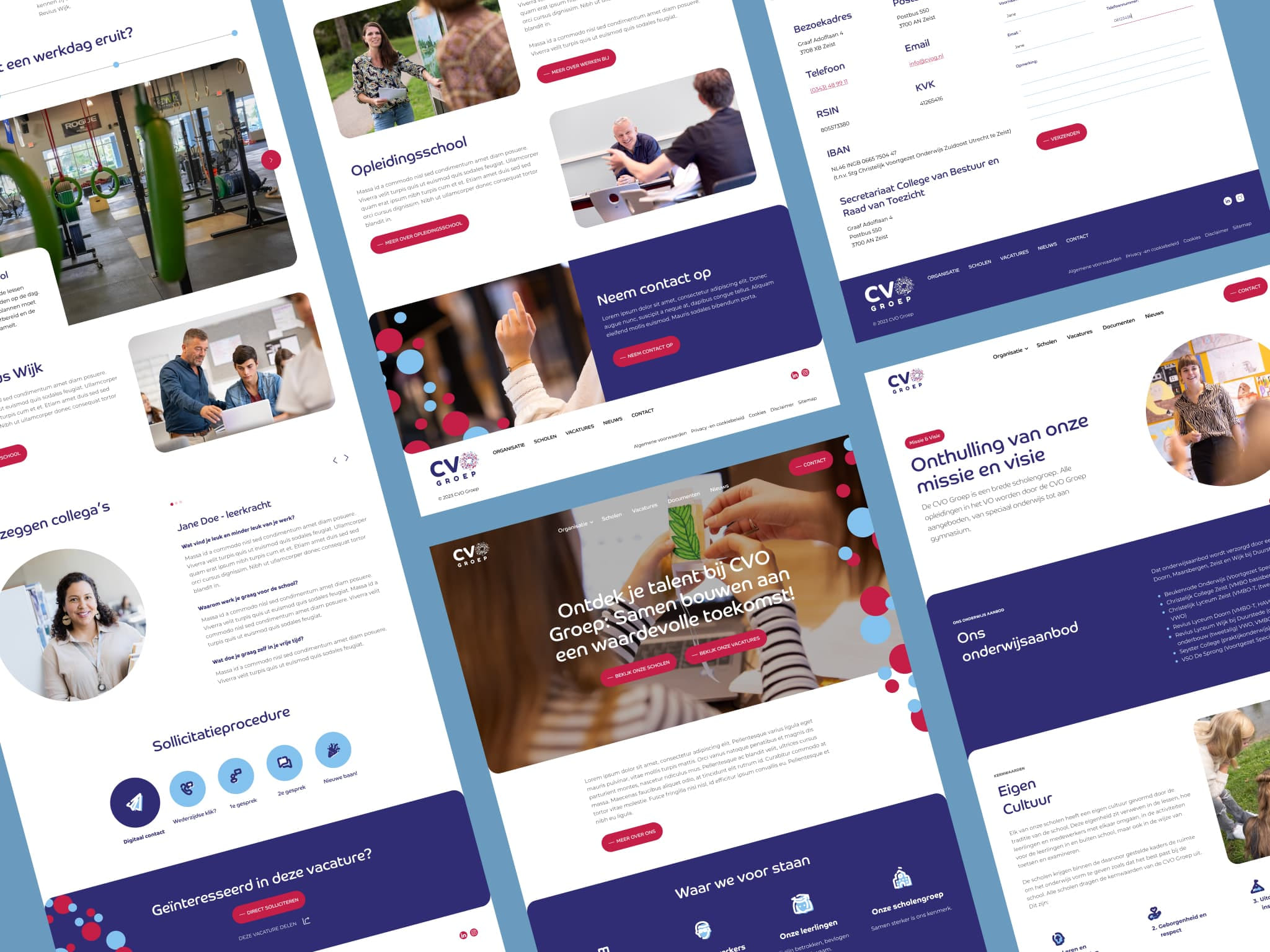 Overzicht van de CVO Groep website met verschillende pagina's en navigatie