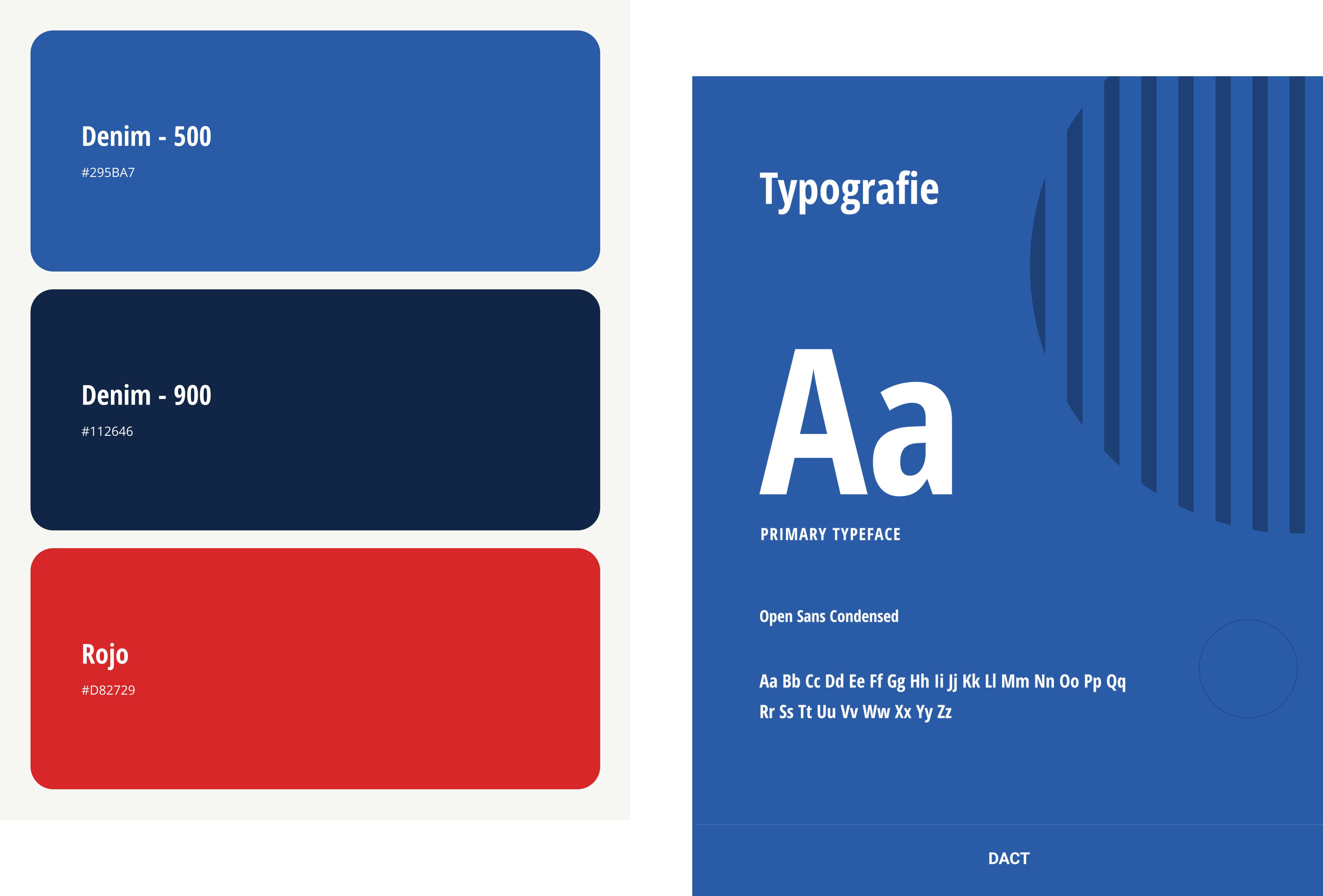 Huisstijl elementen van DACT met kleuren, typografie en designsysteem