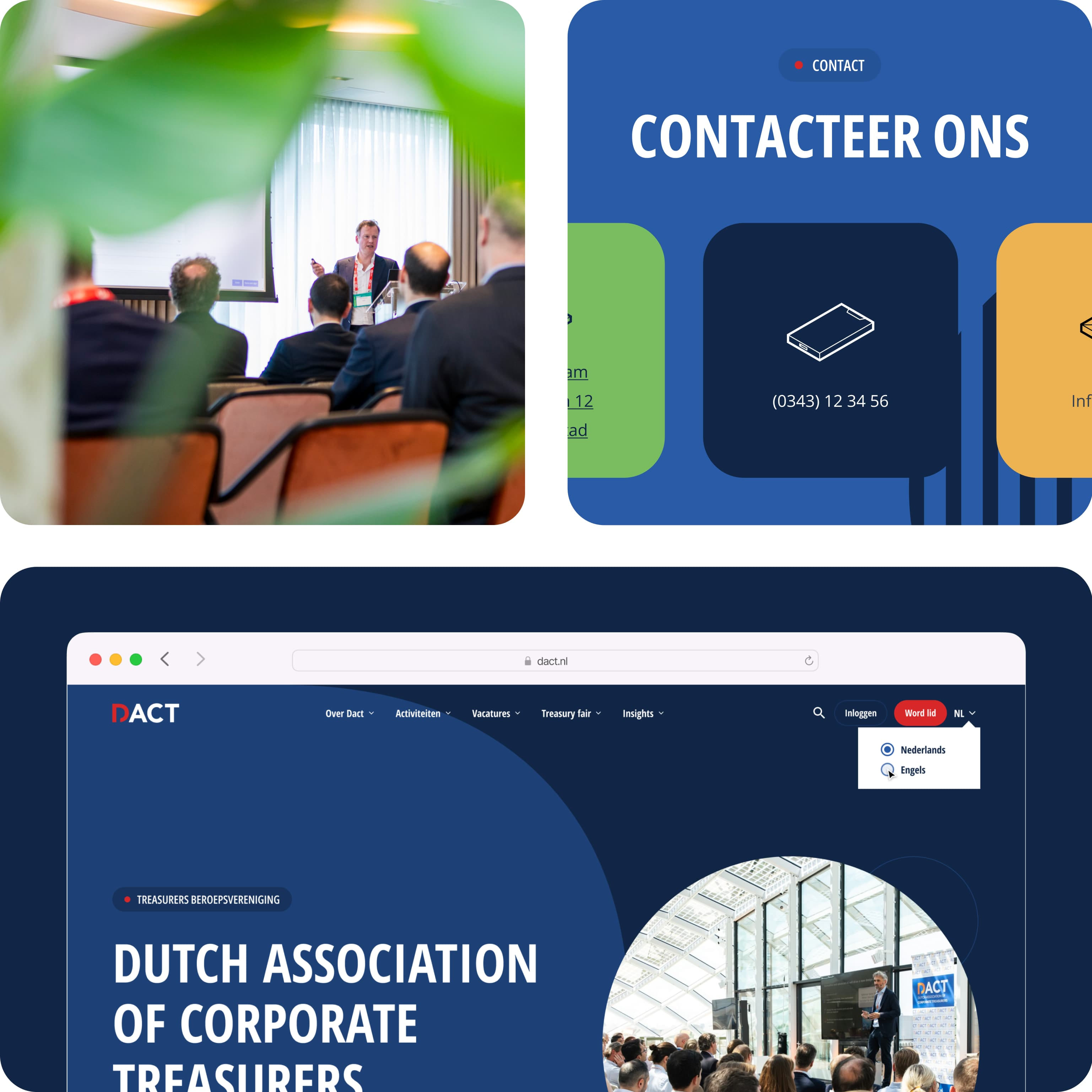 Versterkte huisstijl van DACT met moderne afgeronde hoeken en blauwe tinten