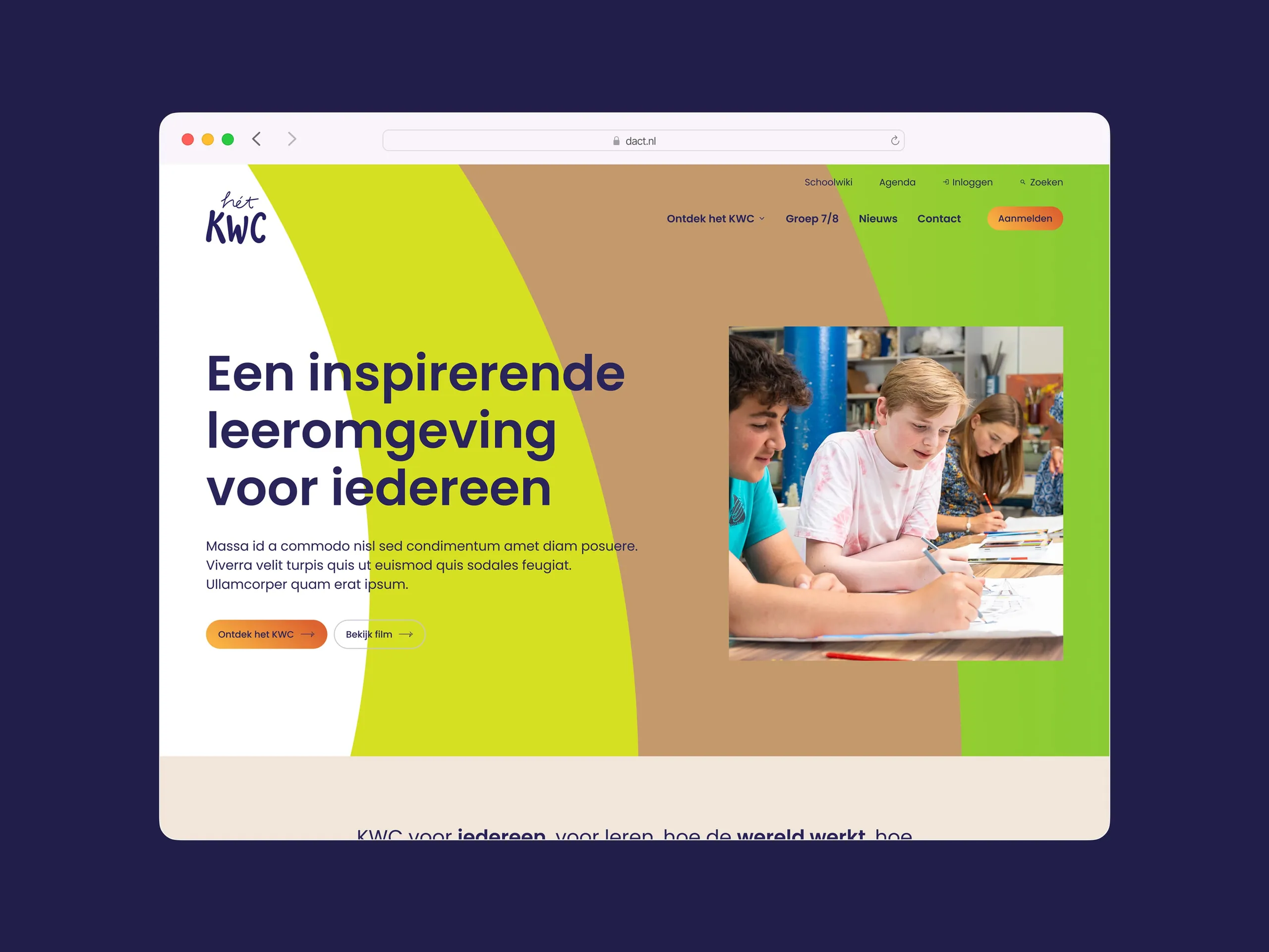 Volledig scherm weergave van de het KWC website homepage