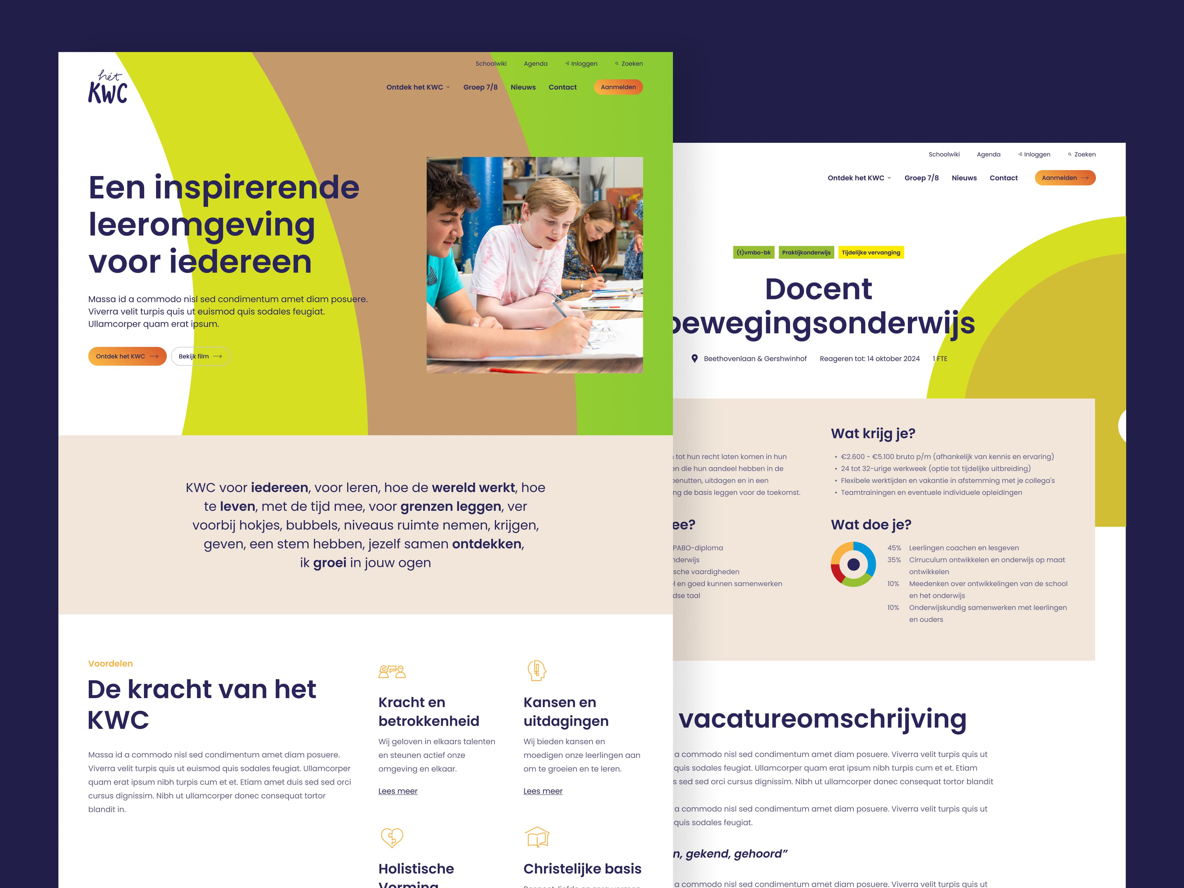 Twee schermweergaven van de het KWC website met navigatie en contentpagina's