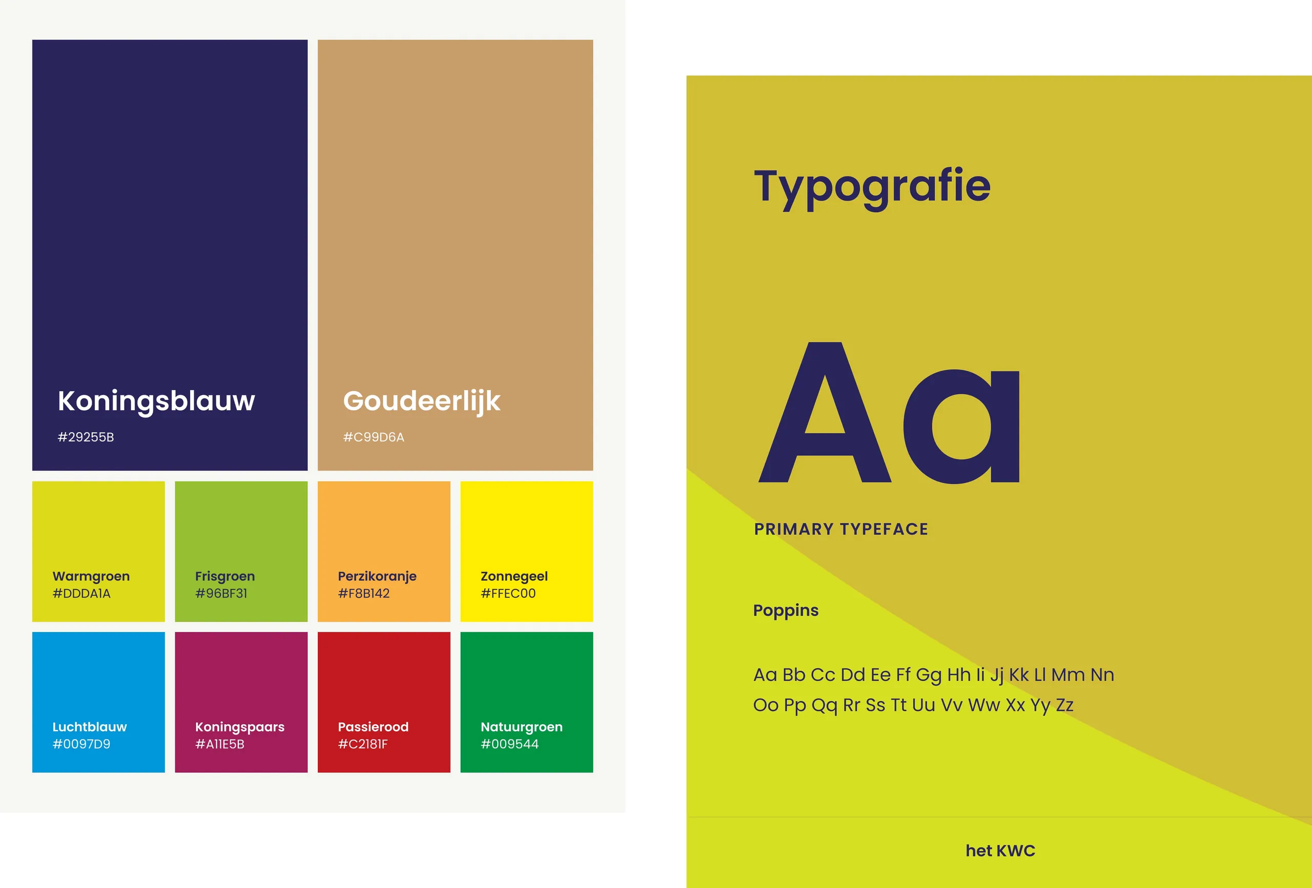 Huisstijl elementen van het KWC met vernieuwde branding, kleuren en typografie