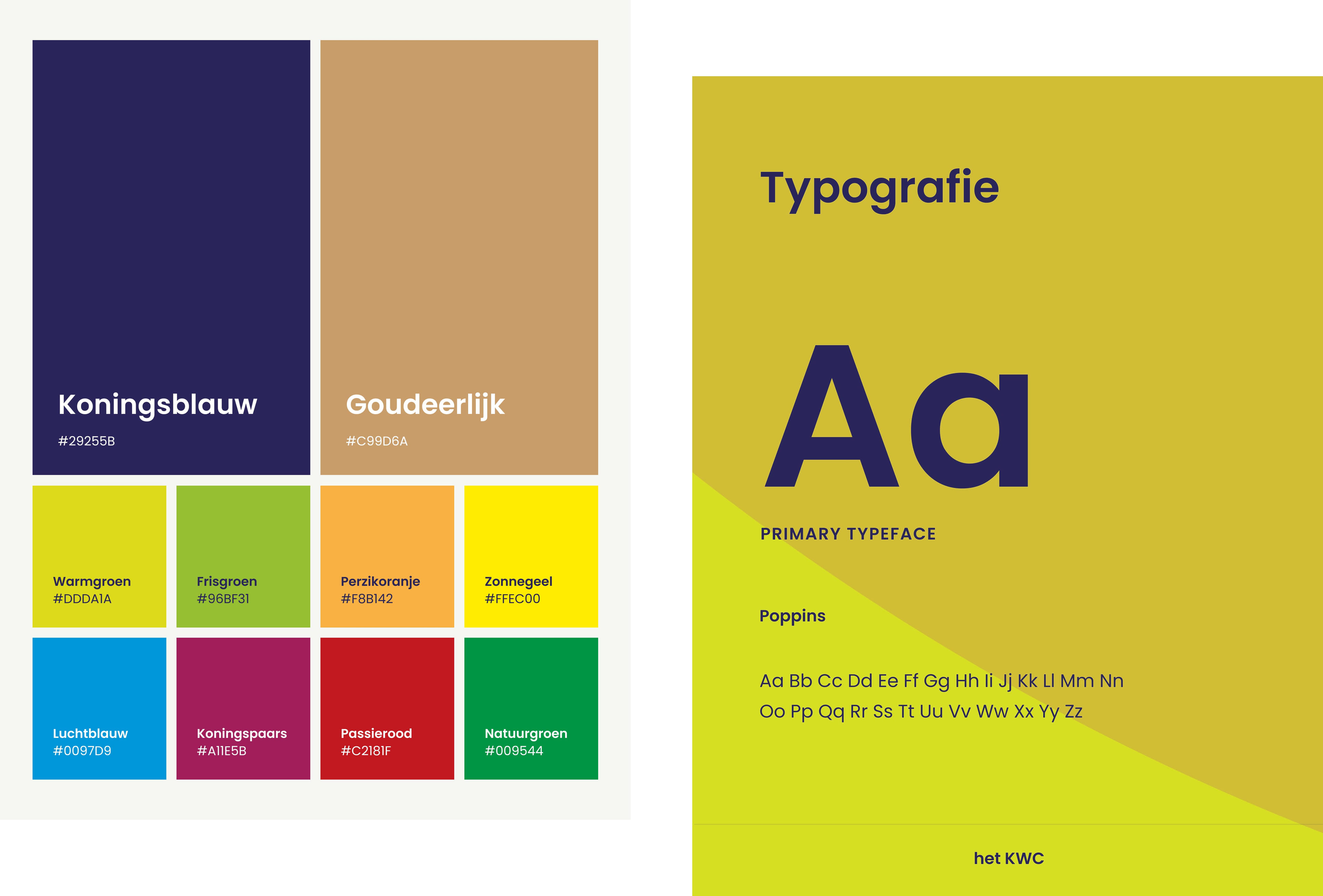 Huisstijl elementen van het KWC met vernieuwde branding, kleuren en typografie