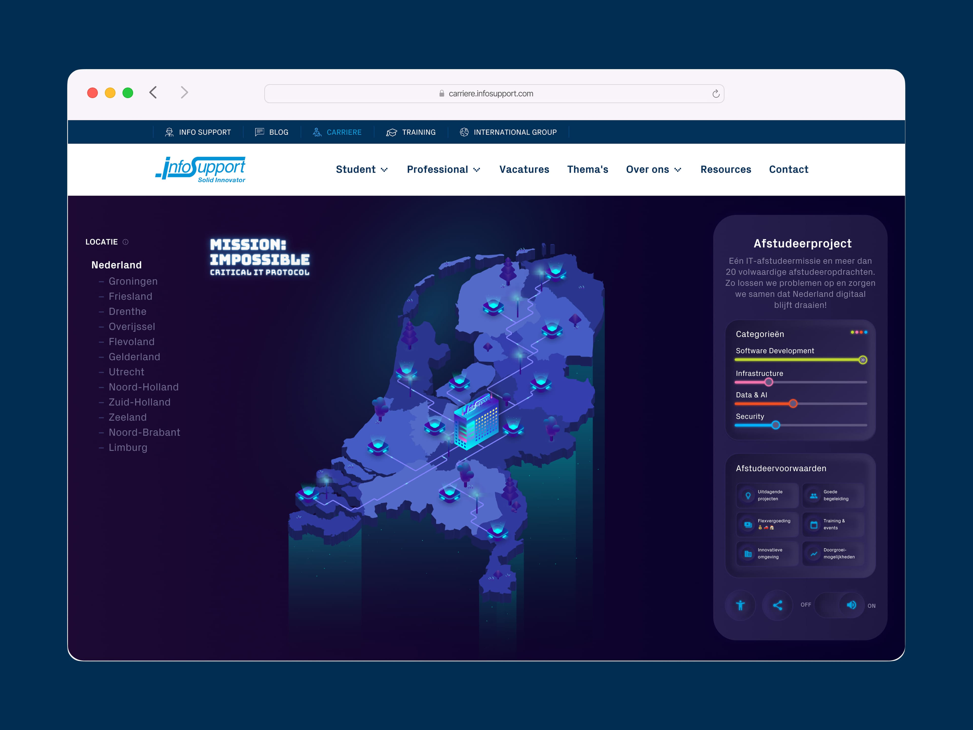 Overzicht van de Info Support carrièrewebsite met interactieve kaart