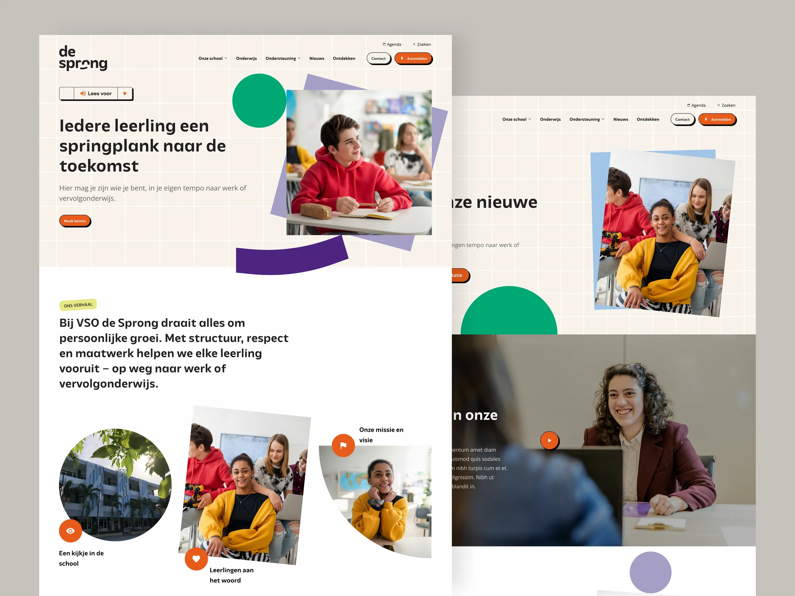 Screenshots van de VSO De Sprong website op desktop en mobiel