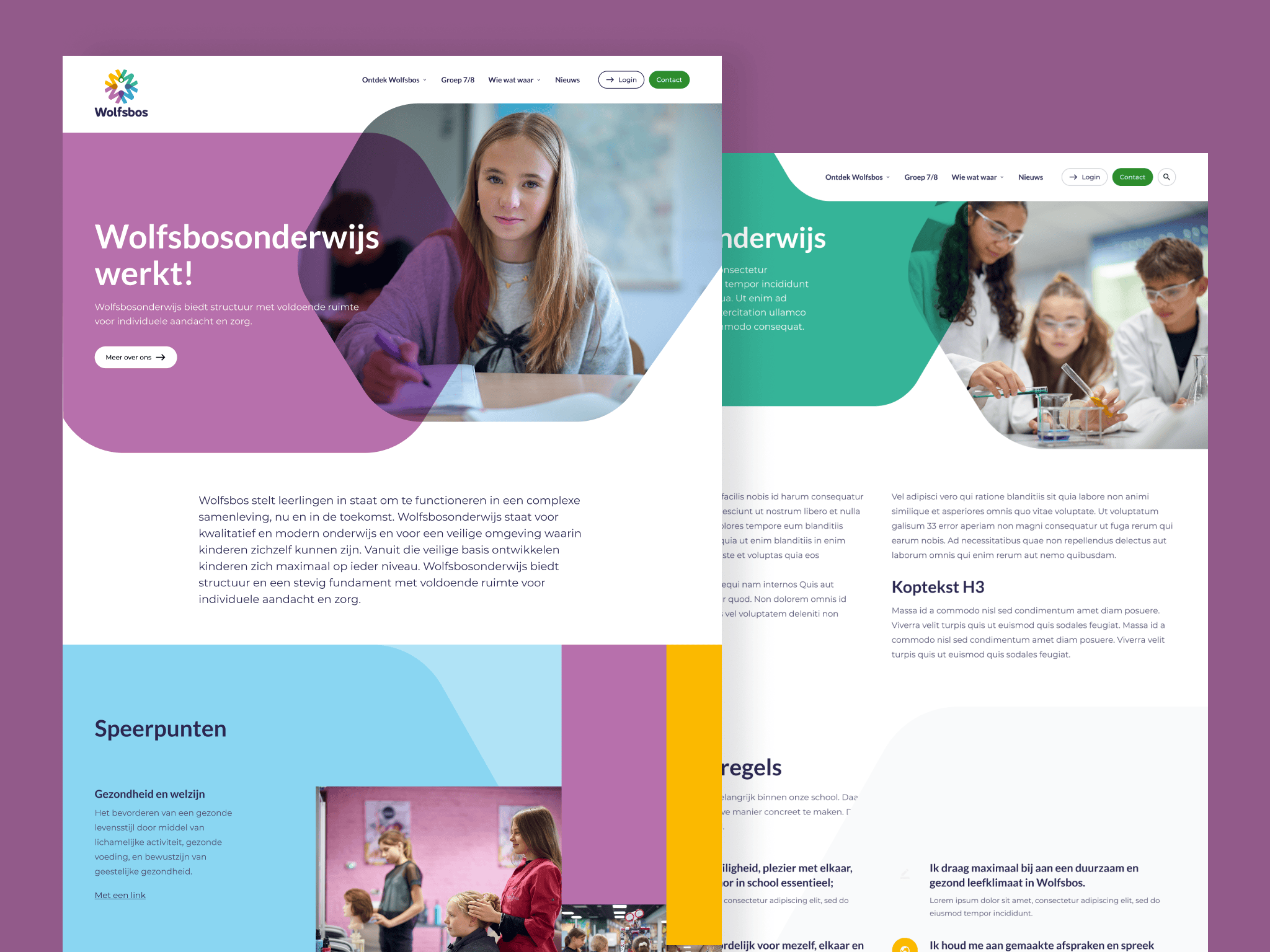 Schermafbeelding van de Wolfsbos website met schoolinformatie